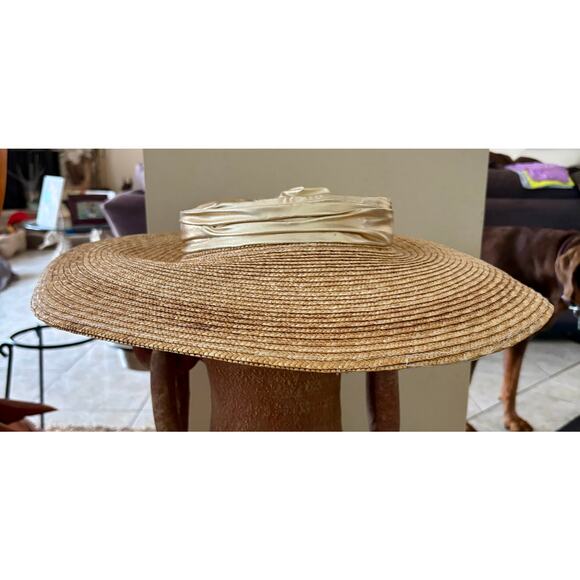 Vintage Deborah Rhodes Mocha Straw Hat Gold Metallic Bow Trim Sun Beach 19\